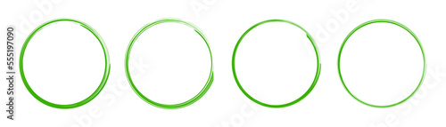 Collection of hand-drawn circle lines. Green frames with brush strokes isolated on white background.