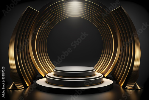 Stage podium scene for Award celebration on black background with lighting, 3D render.