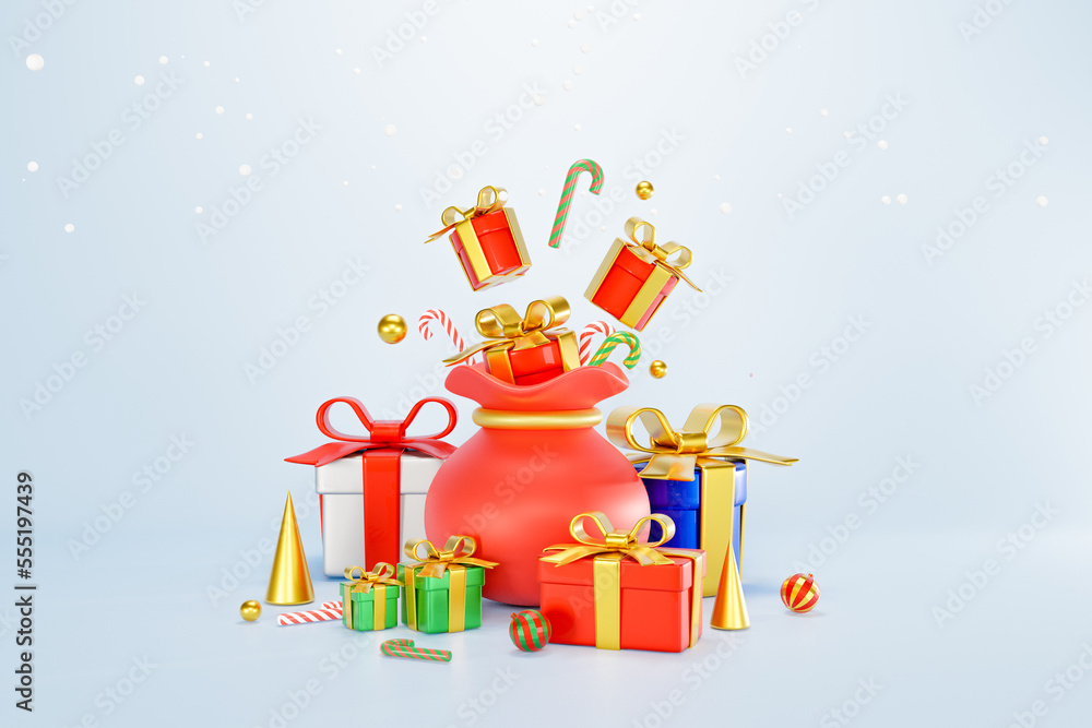 3D Rendering. Celebration concept. Colorful gift boxes and Santa's gift bags 3d. Decorated with gold beads, gold cone, candy, and snow. Merry Christmas, Marry New Year, Xmas. on background front