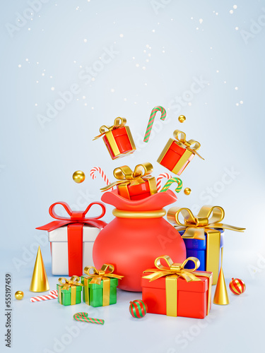 3D Rendering. Celebration concept. Colorful gift boxes and Santa's gift bags 3d. Decorated with gold beads, gold cone, candy, and snow. Merry Christmas, Marry New Year, Xmas. on background vertical