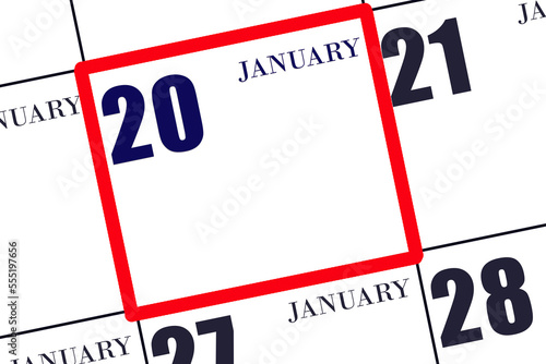 Daily calendar for 20 January. Winter month, day of the year concept.