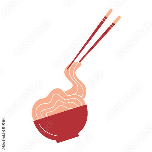 Food with oriental noodles. Asian noodles, image of a traditional Chinese ramen restaurant with pasta and chopsticks