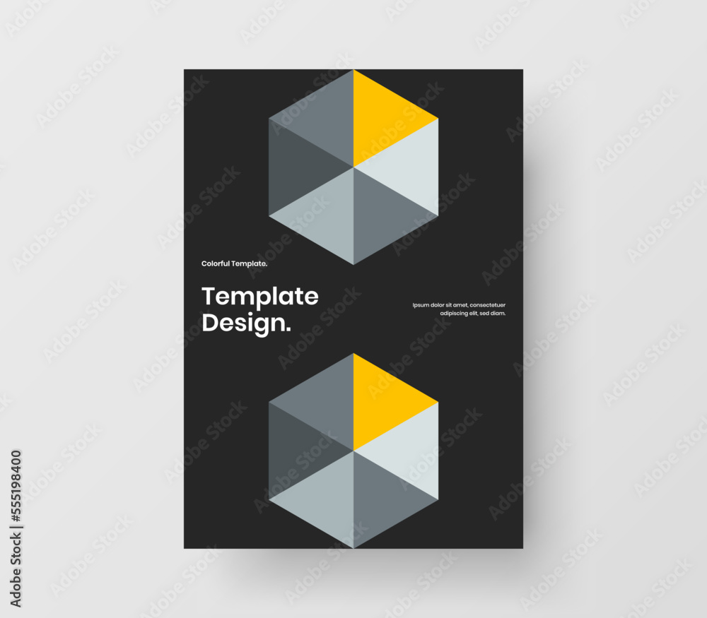 Vivid mosaic hexagons annual report concept. Bright book cover vector design layout.