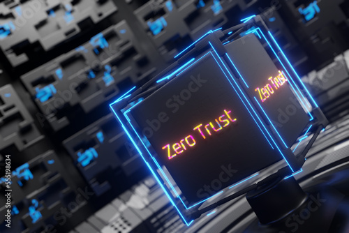 inscription zero trust on the technological design. Network connection concept. Zero trust security model. Secure network. 3D rendering. photo