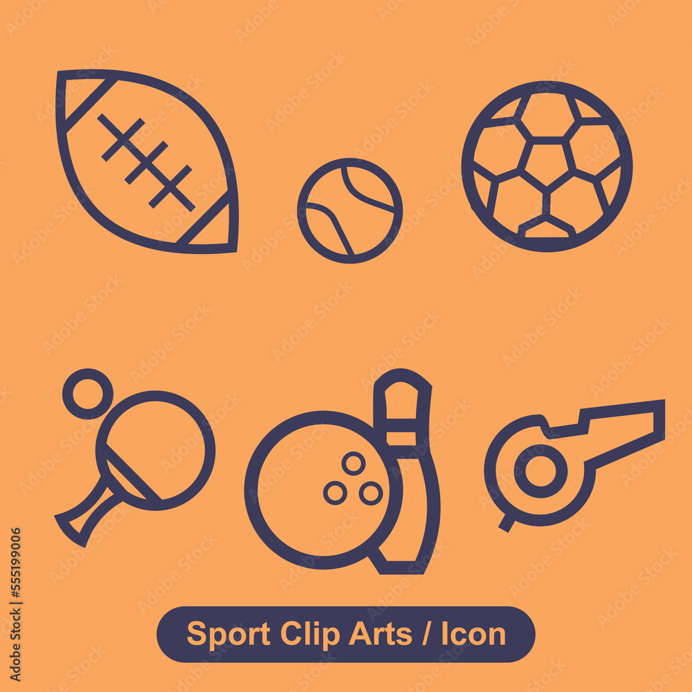 Simple line clip art of sport icons on a yellow background