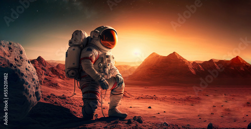 Astronaut on mars the red planet. Landscape with desert and mountains, Colonization of Mars,  generative ai