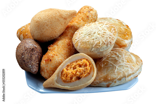 Brazilian snacks, esfirra, kebab, patty, coxinha, sausage wrapped photo