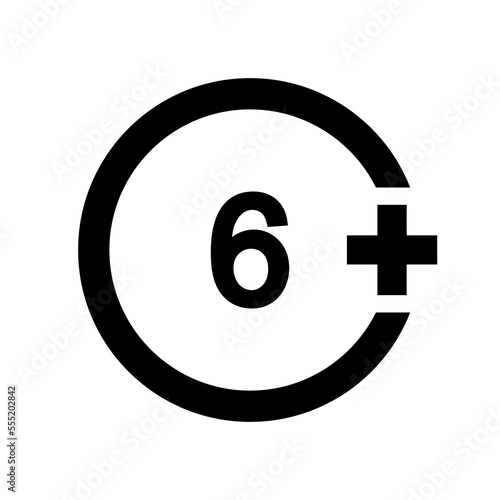 Six plus icon. Number 6 in circle isolated on white background. Age censor symbol. Movie viewing age limit label. Vector graphic illustration