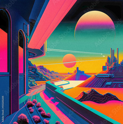 Hand drawn comic illustration, Retro and 90s style, Cosmos, Pop Art, Abstract, Crazy, and Psychedelic Background, granular texture Generative AI