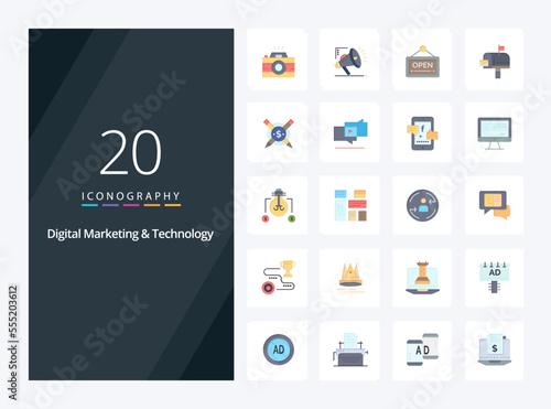 20 Digital Marketing And Technology Flat Color icon for presentation