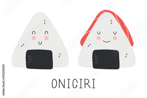 Cute japanese sushi onigiri in hand drawn style. Asian food for restaurants menu