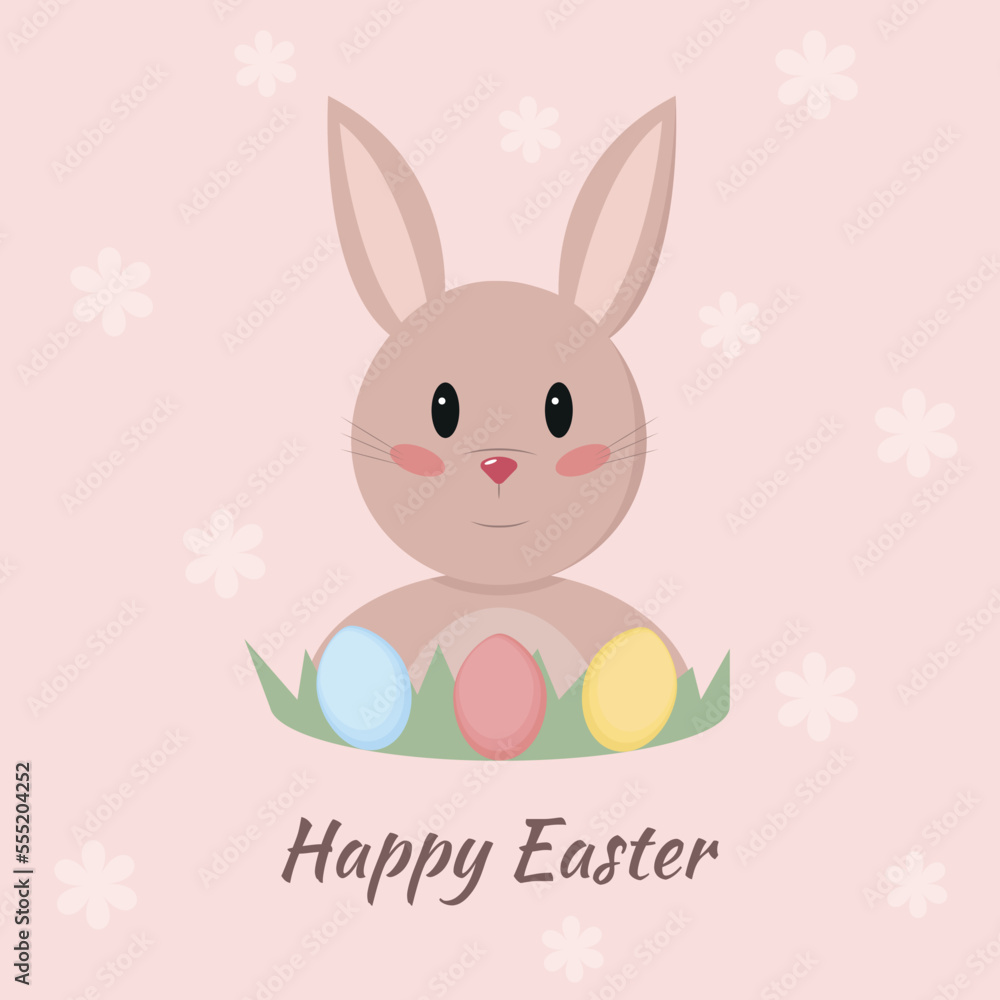 Easter card with cute rabbit and colored eggs on beige background with flowers. Vector illustration in flat style. Easter card with cute rabbit and colored eggs on beige background with flowers. Vector illustration in flat style.
