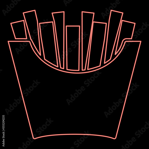 Neon french fries in package Fried potatoes in paper bag Fast food in bucket box Snack concept icon black color vector illustration flat style image red color vector illustration image flat style