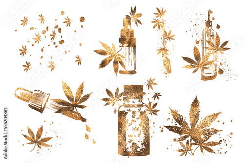 Hemp - Hand drawn. Golden design. Hemp as a health plant. Different glass bottles with CBD oil, hemp oil and hemp seeds. Cosmetics CBD oil for health.