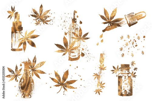Hemp - Hand drawn. Golden design. Hemp as a health plant. Different glass bottles with CBD oil, hemp oil and hemp seeds. Cosmetics CBD oil for health.