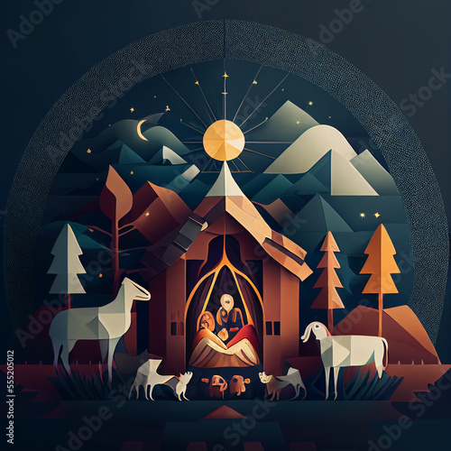 Fotografie, Obraz Christmas Nativity Scene Birth of Jesus Mary Joseph Manger Bethlehem Stars Moon
