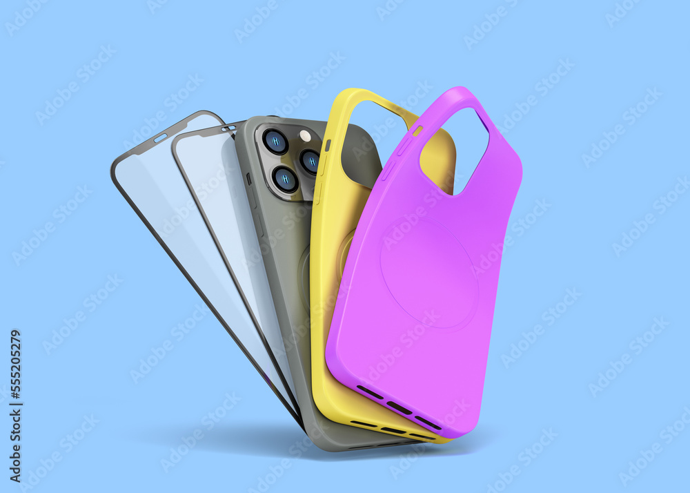 multicolored band phone cases and screen protection glass presentation for showcase 3d render on blue