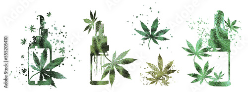 Hemp - Hand drawn. Golden design. Hemp as a health plant. Different glass bottles with CBD oil, hemp oil and hemp seeds. Cosmetics CBD oil for health.