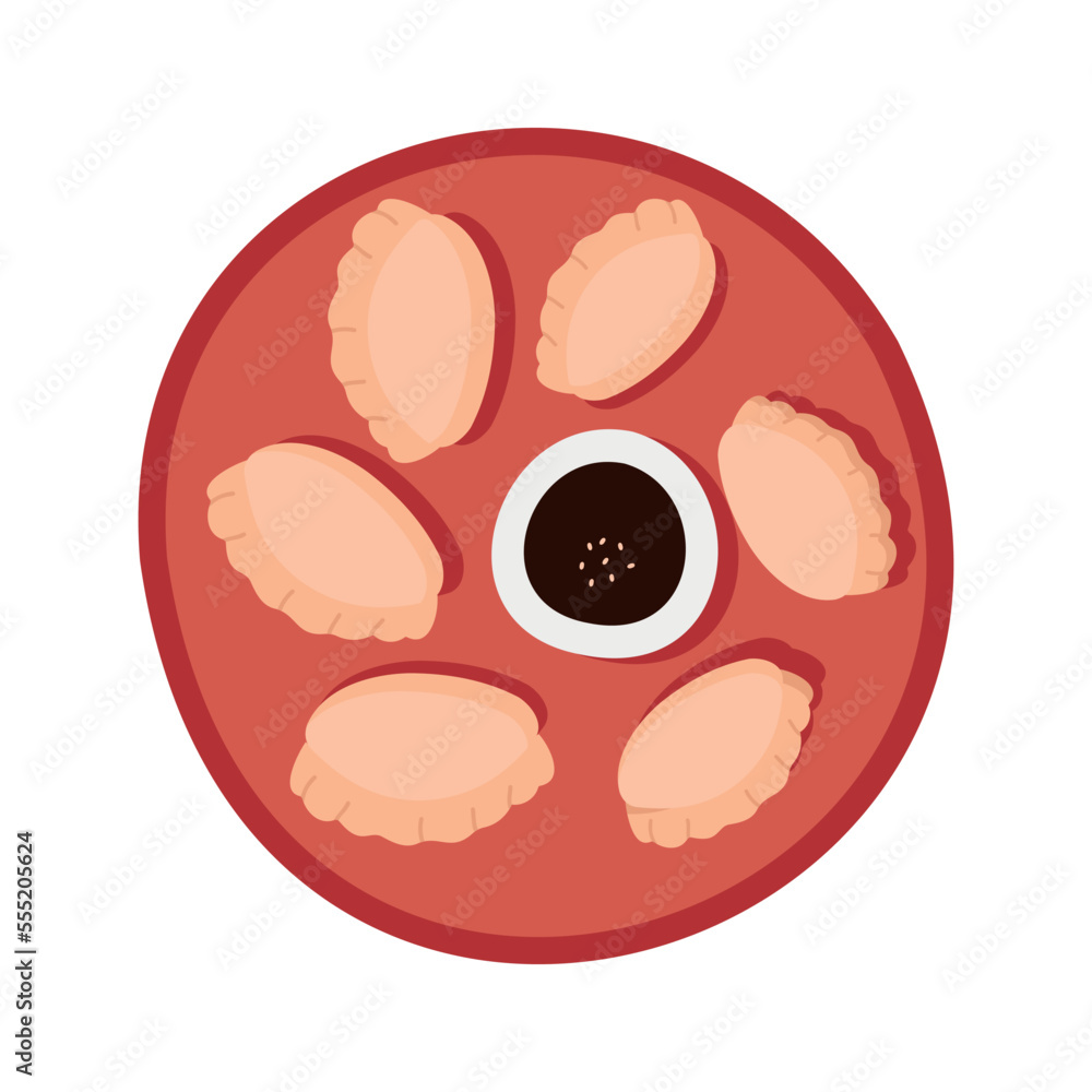 Jiaozi. Chinese New Year fried dumplings. Chopsticks, soy sauce. For menu, cafe, advertising Jiaozi. Chinese New Year fried dumplings. Chopsticks, soy sauce. For menu, cafe, advertising
