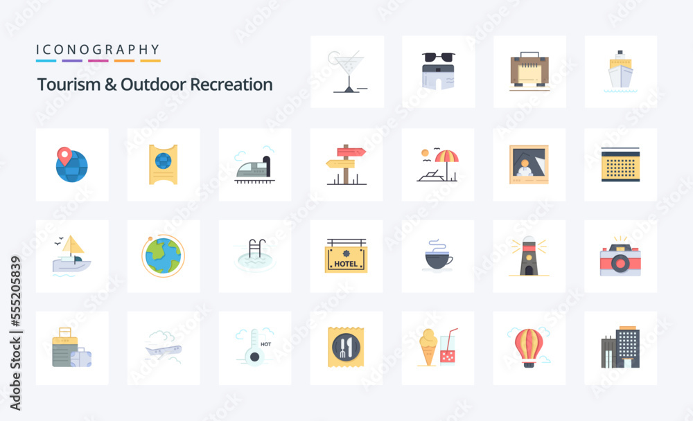 25 Tourism And Outdoor Recreation Flat color icon pack