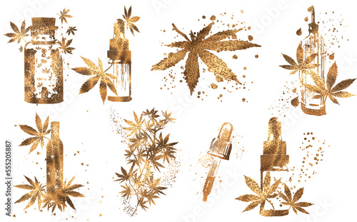 Hemp - Hand drawn. Golden design. Hemp as a health plant. Different glass bottles with CBD oil, hemp oil and hemp seeds. Cosmetics CBD oil for health.