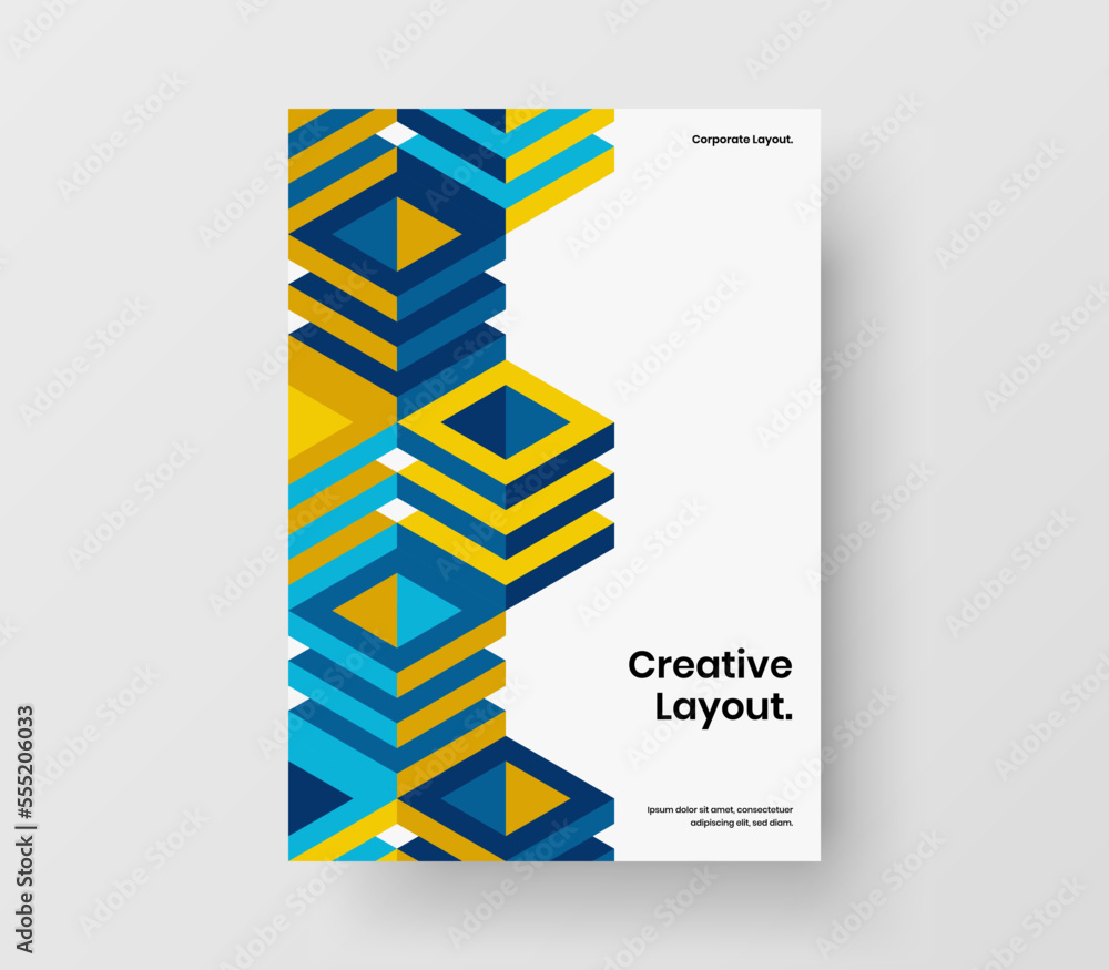 Premium geometric hexagons annual report illustration. Unique catalog cover A4 design vector template.