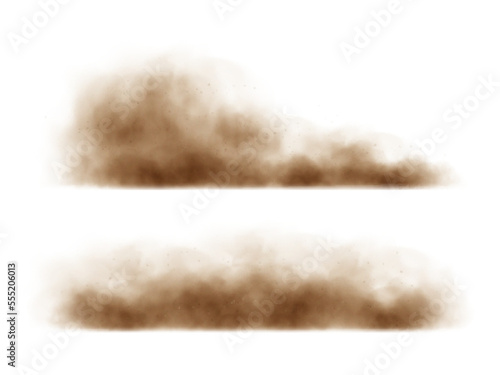 Sand cloud, sandstorm, dirty dust or brown smoke. Heavy thick smog effect isolated on white background. Realistic vector illustration