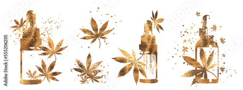 Hemp - Hand drawn. Golden design. Hemp as a health plant. Different glass bottles with CBD oil, hemp oil and hemp seeds. Cosmetics CBD oil for health.