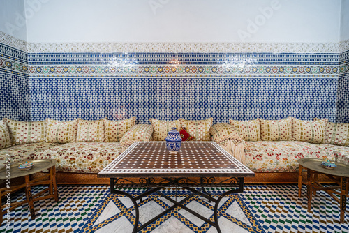 arabian, arabic, architecture, background, bright, ceramic, colorful, couch, culture, decoration, design, empty, fes, fez, floor, furniture, geometric, guest house, house, indoor, interior, large, lif