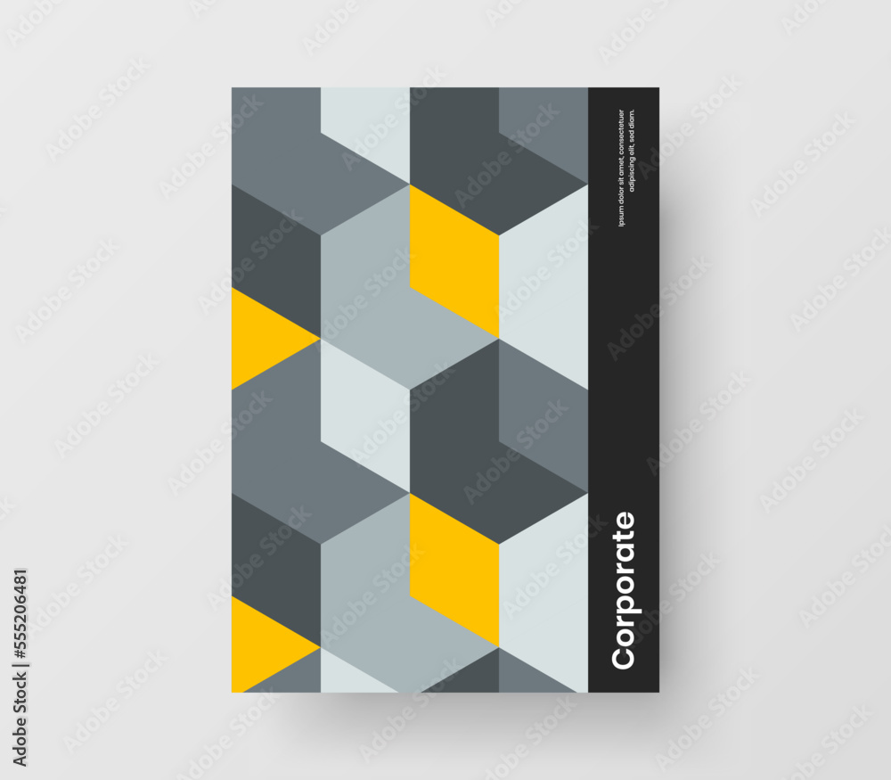 Bright company brochure A4 design vector template. Original geometric shapes front page concept. Bright company brochure A4 design vector template. Original geometric shapes front page concept.