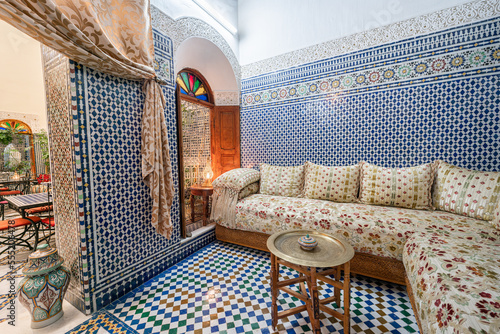 arabian, arabic, architecture, background, bright, ceramic, colorful, couch, culture, decoration, design, empty, fes, fez, floor, furniture, geometric, guest house, house, indoor, interior, large, lif