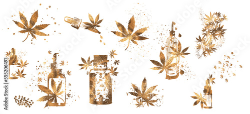 Hemp as a health plant. Hand drawn design. Different glass bottles with CBD oil, hemp oil and hemp seeds. Cosmetics CBD oil for health.
