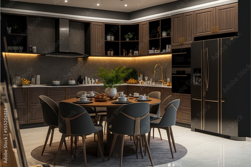 Hanoi Vietnam - December 2019 : Modern Interior Design, Large kitchen with curve island cabinet and stylish dinning table, neutral tone, wooden furniture. Generative AI