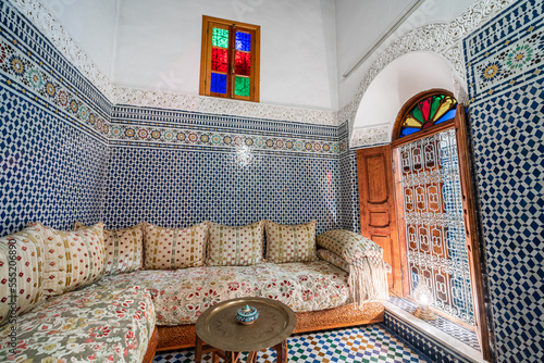 arabian, arabic, architecture, background, bright, ceramic, colorful, couch, culture, decoration, design, empty, fes, fez, floor, furniture, geometric, guest house, house, indoor, interior, large, lif photo