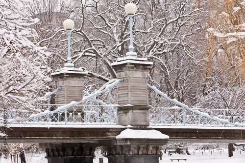 Snow covered trees with a footbridge in a public park, Boston Public Garden, Boston, Massachusetts, USA photo