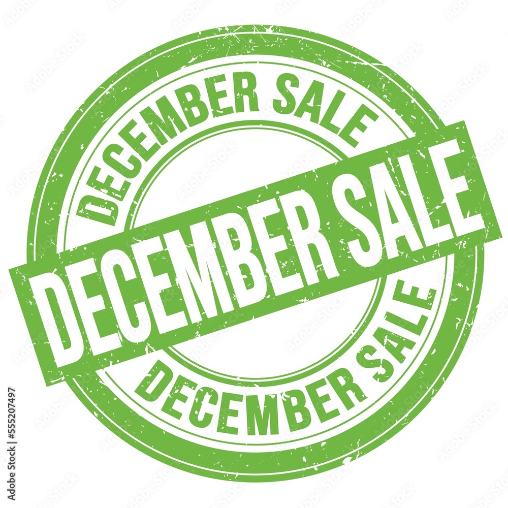 DECEMBER SALE text written on green round stamp sign DECEMBER SALE text written on green round stamp sign