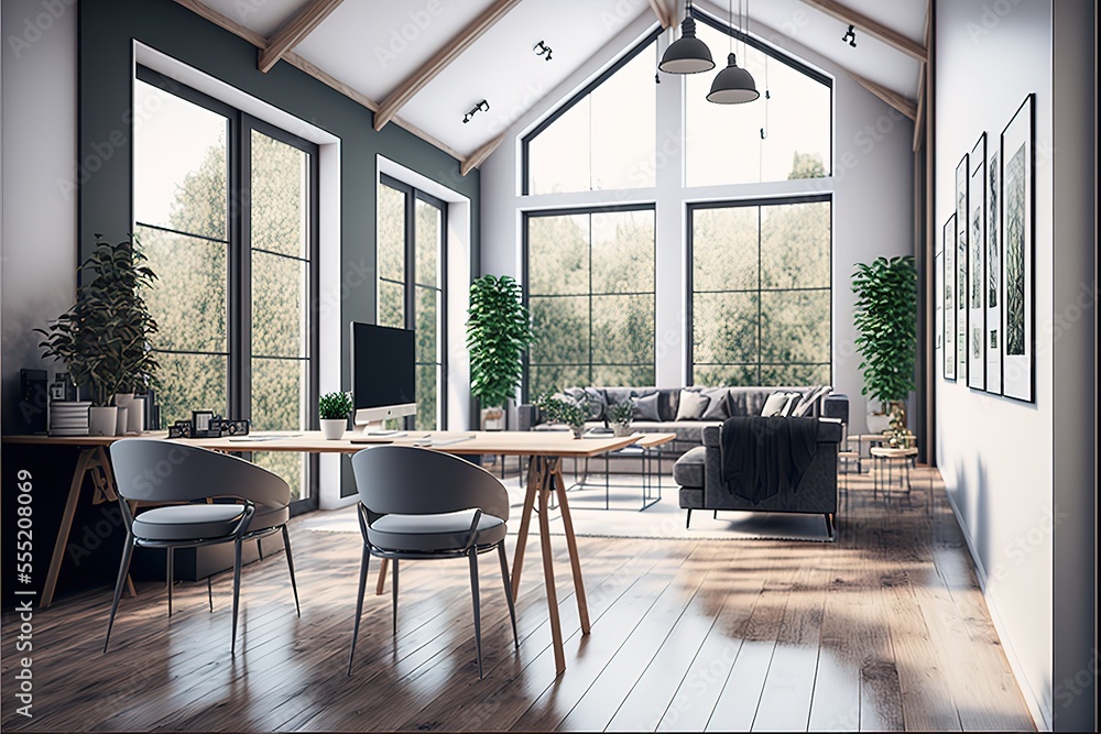 Modern eco spacious office with wooden floor and tables, big windows, grey top and white chairs. Generative AI Modern eco spacious office with wooden floor and tables, big windows, grey top and white chairs. Generative AI