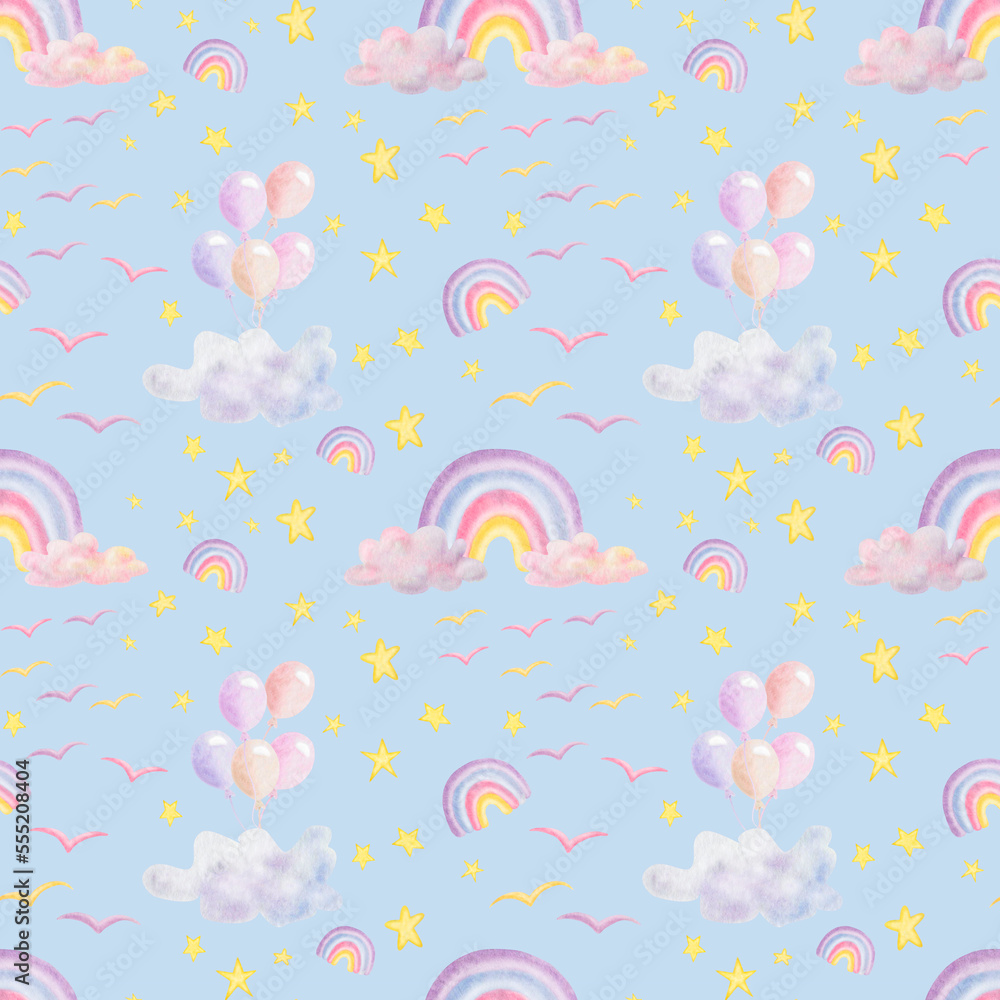 Watercolor seamless pattern. Hand painted illustration of sky with rainbows, clouds, birds, air balloons, stars in purple, blue, pink, yellow. Print on blue background for fabric textile, packaging Watercolor seamless pattern. Hand painted illustration of sky with rainbows, clouds, birds, air balloons, stars in purple, blue, pink, yellow. Print on blue background for fabric textile, packaging