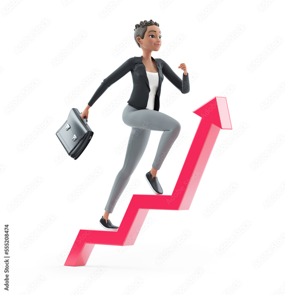 3d character woman with briefcase running on growing arrow 3d character woman with briefcase running on growing arrow