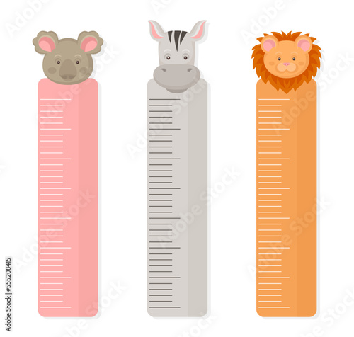 Kids Meter Wall or Ruler with Cute Animals Vector Set