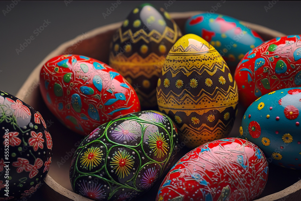 Easter eggs colored and painted with different shapes and colors, close up Easter eggs colored and painted with different shapes and colors, close up