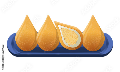 Traditional fried coxinha de frango - croquette of chicken. Latin American food top view. Colorful vector illustration isolated on white background.