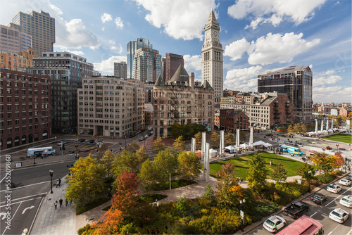 Skyscrapers in a city, Rose Kennedy Greenway, Custom House, Grain Exchange Building, Boston, Massachusetts, USA photo