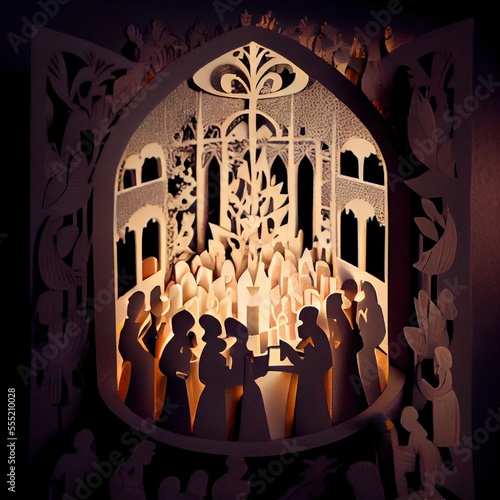 A intricate paper cut craft of a Christmas Eve church service  with a choir singing and people holding candles  generative ai