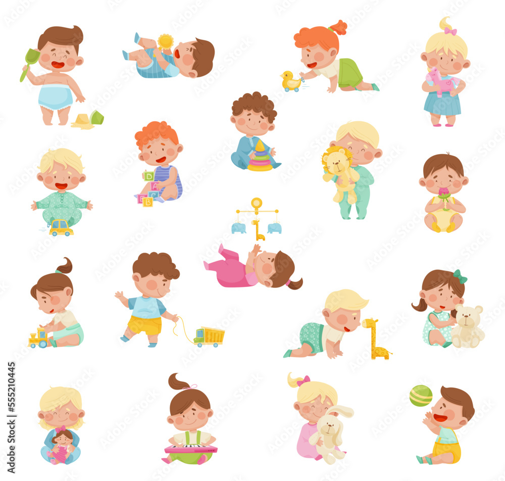 Adorable Babies Playing With Their Toys in the Playroom Vector Set Adorable Babies Playing With Their Toys in the Playroom Vector Set