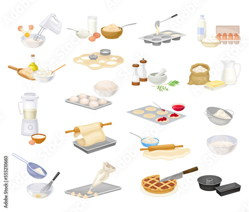 Baking Process with Ingredients and Cookware Big Vector Set