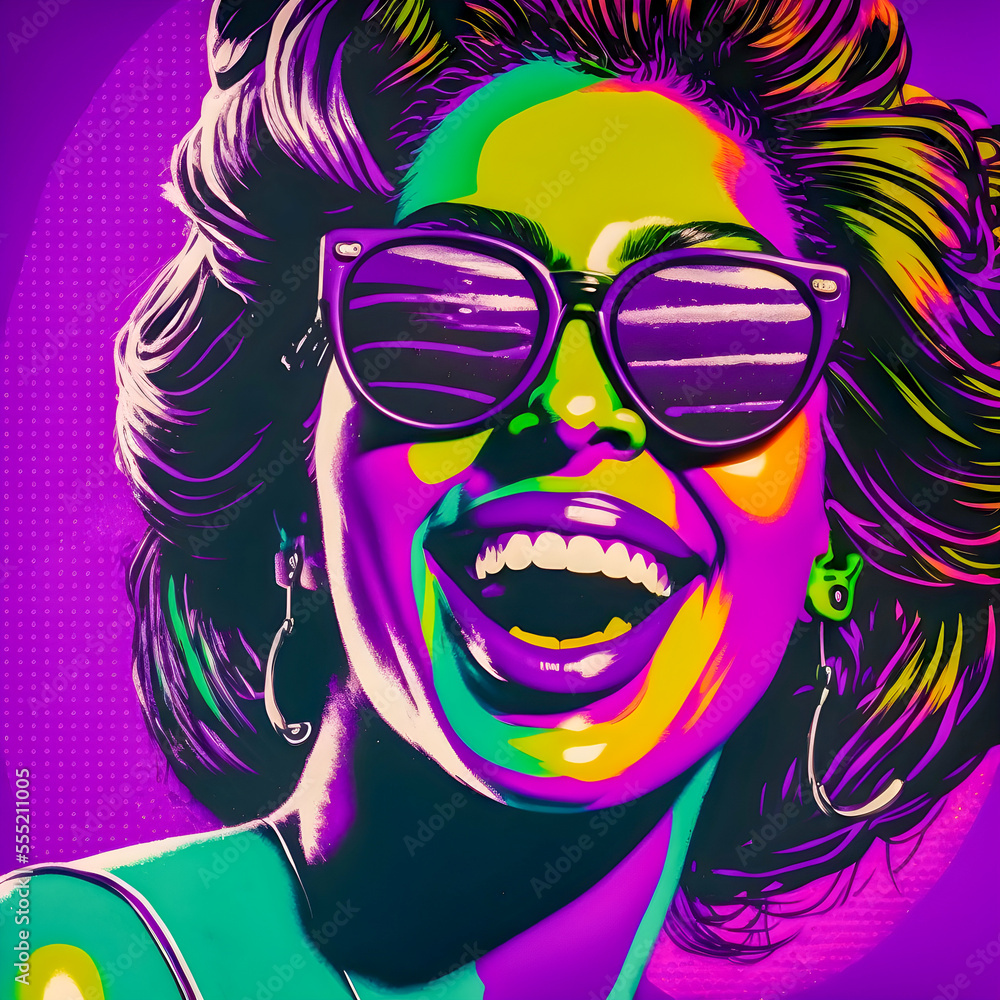 Beautiful, woman, purple background, head only, happy, smile, black sunglasses, pop art style. Generative AI	