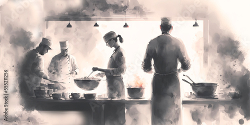 chefs prepare dishes in the kitchen of the restaurant, abstract blurred silhouettes of cooks, generative ai grey background
