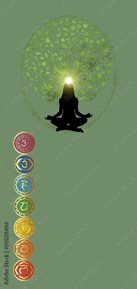 Spiritual background with chakra symbols and life tree with human ...