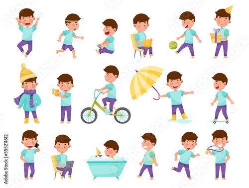 Little Boy Enjoying Different Daily Activity Big Vector Set